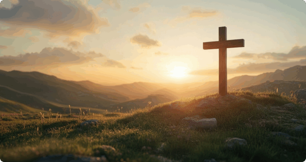 Holzkreuz auf einem Hügel bei Sonnenuntergang inmitten einer friedlichen Berglandschaft – Symbol für christlichen Glauben, Hoffnung und Auferstehung.