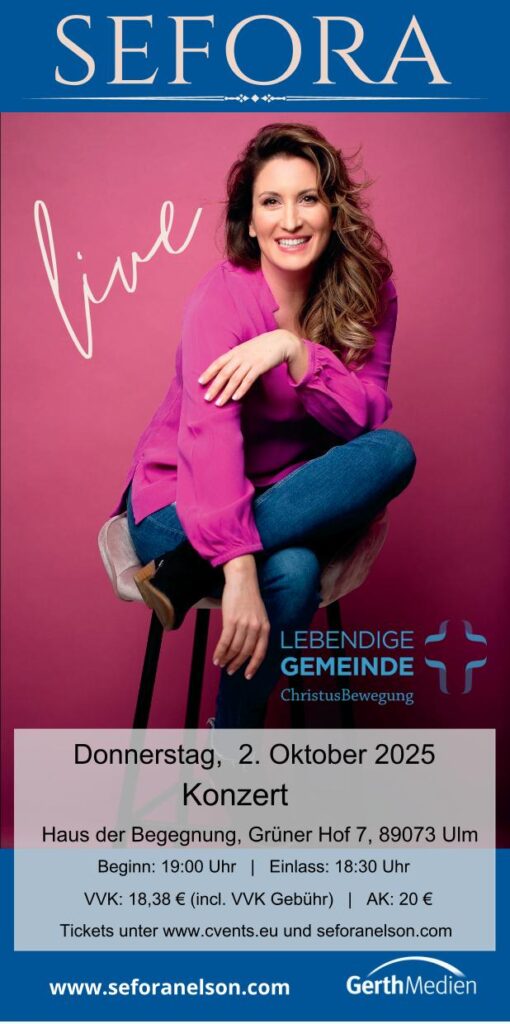Werbeposter für das „Sefora live“ Konzert mit Sängerin Sefora Nelson, das am Donnerstag, 2. Oktober 2025 ab 19 Uhr (Einlass 18:30 Uhr) im Haus der Begegnung, Grüner Hof 7, 89073 Ulm stattfindet – Ticketpreise ab 18,38 € (VVK) bzw. 20 € (AK), erhältlich unter www.cvents.eu und seforanelson.com.