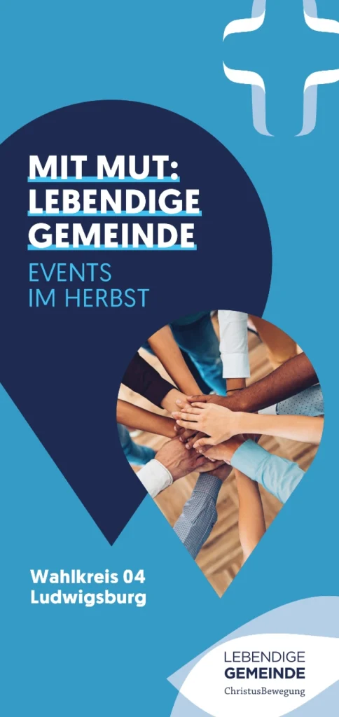 Plakat: Hände als Symbol für Gemeinschaft. "MIT MUT: LEBENDIGE GEMEINDE" Events im Herbst in Ludwigsburg. ChristusBewegung.